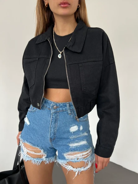 Fermuarlı Çift Cepli Denim Ceket ürün görseli 1