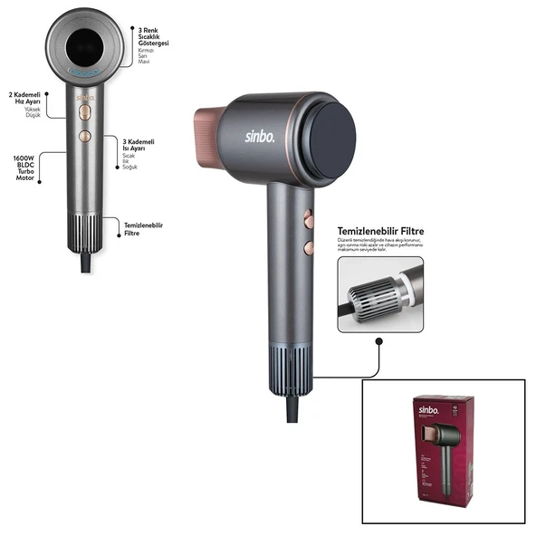 Sinbo Shd-1717 Bldc Turbo Motor Tokmak Model Saç Kurutma Makinesi 1600W 2-Kdm.Hız 3-Kdm.Sıcaklık Yapışkanlı Askı ürün görseli 1