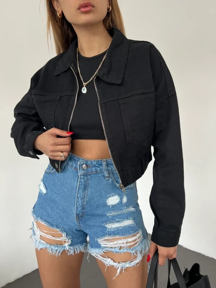 Fermuarlı Çift Cepli Denim Ceket - Resim 4