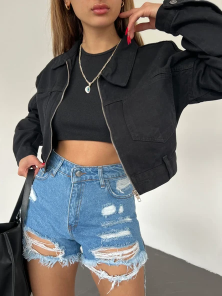 Fermuarlı Çift Cepli Denim Ceket - Resim 2