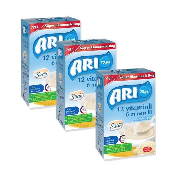 Arı Mama 12 Vitaminli 6 Mineralli Sütlü Pirinç Unu Kaşık Maması 500 gr x 3 Adet ürün görseli 1