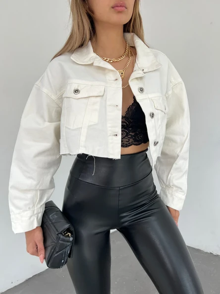 Çift Cepli Yıkamalı Crop Denim Ceket - Resim 4