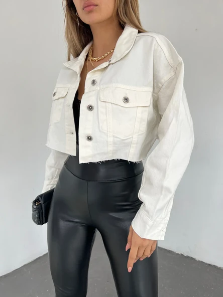 Çift Cepli Yıkamalı Crop Denim Ceket - Resim 5