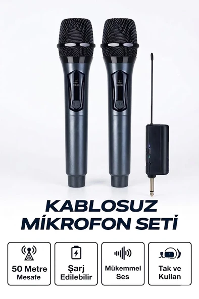 Profesyonel Çiftli Kablosuz Mikrofon Seti Karaoke Şarj Edilebilir 50 Metre ürün görseli 1