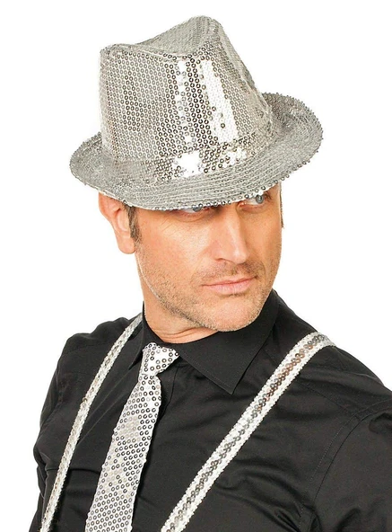 Disko Gümüş Payetli Fötr Şapka Yetişkin Boy ürün görseli 1