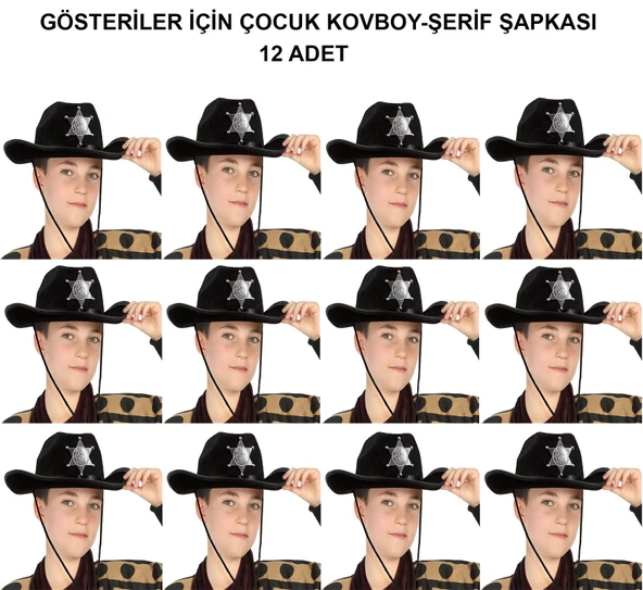 Kovboy Şerif Şapkası Siyah 12 Adet - Kostüm, Parti Gösteri Şapkası ürün görseli 1