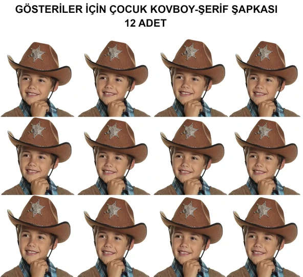 Kovboy Şerif Şapkası Kahve 12 Adet - Kostüm, Parti Gösteri Şapkası ürün görseli 1
