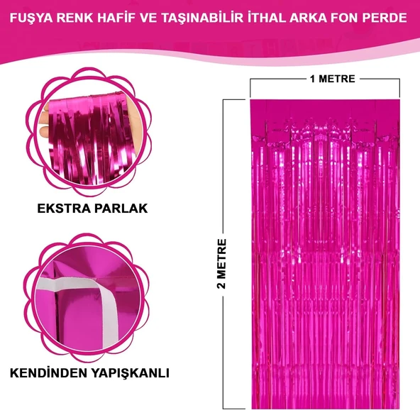 Fuşya Renk Ekstra Metalize Parlak Saçaklı Arka Fon Perde İthal A Kalite 1X2 Metre ürün görseli 1