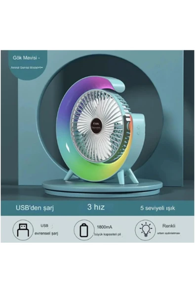 Masaüstü Vantilatör Usb Şarjlı Rgb Led Işıklı 3 Kademeli 180° Ayarlanabilir Soğutucu Fan ürün görseli 1