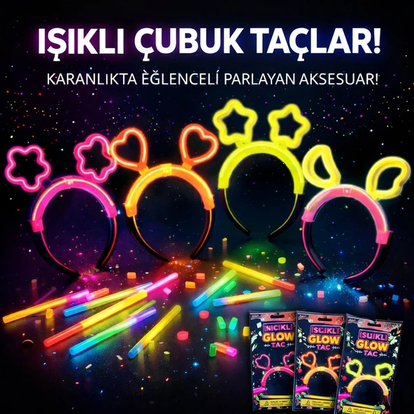 Karanlıkta Parlayan Glow Taç Seti 12 Adet – Yıldız Ay Çiçek (Her Model 3 Adet) ürün görseli 1