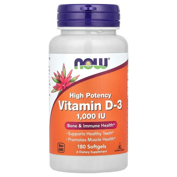 NOW Foods Vitamin D3 1000 IU 180 Yumuşak Kapsül ürün görseli 1