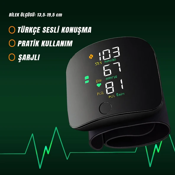 Mayf Türkçe Konuşan Bilek Tansiyon Aleti Tam Otomatik Tansiyon ve Nabız Ölçme Şarjlı Dijital Sesli  – Akıllı LCD Ekranlı, Hassas Ölçüm, Ev Tipi Cihaz ürün görseli 1