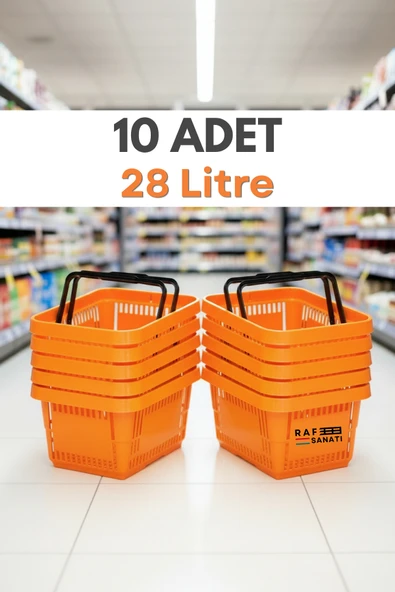 10 Adet - 28 Litre Plastik Market Alışveriş Sepeti Saplı Dayanıklı Market Mağaza El Sepeti Turuncu ürün görseli 1