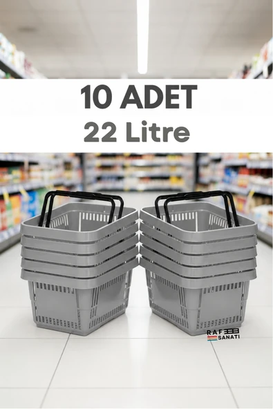 10 ADET / 22 Litre Plastik Market Alışveriş Sepeti Profesyonel Market Mağaza El Sepeti Gri ürün görseli 1