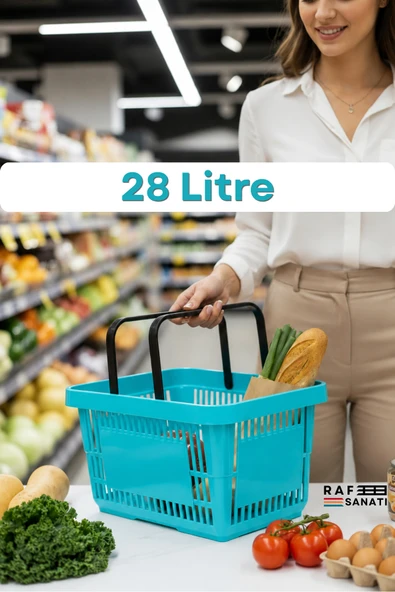 28 Litre Plastik Market Alışveriş Sepeti Saplı Dayanıklı Market Mağaza El Sepeti Turkuaz ürün görseli 1