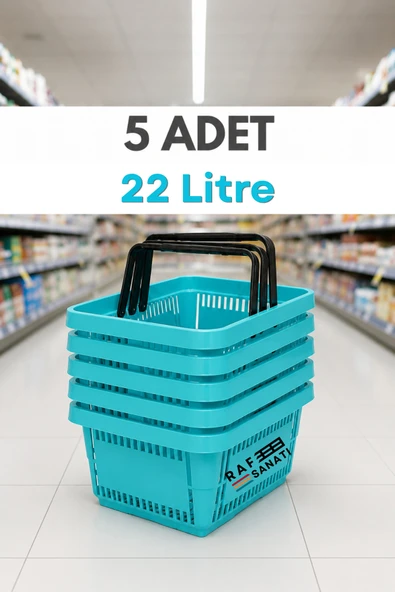 5 ADET / 22 Litre Plastik Market Alışveriş Sepeti Profesyonel Market Mağaza El Sepeti Turkuaz ürün görseli 1