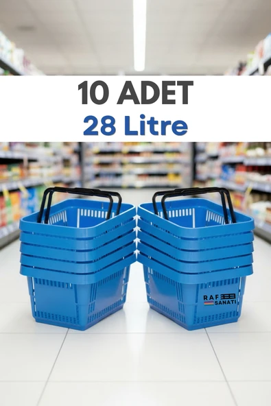 10 Adet - 28 Litre Plastik Market Alışveriş Sepeti Saplı Dayanıklı Market Mağaza El Sepeti Mavi ürün görseli 1