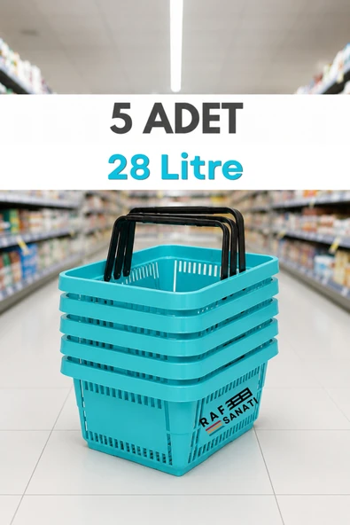 5 Adet - 28 Litre Plastik Market Alışveriş Sepeti Saplı Dayanıklı Market Mağaza El Sepeti Turkuaz ürün görseli 1