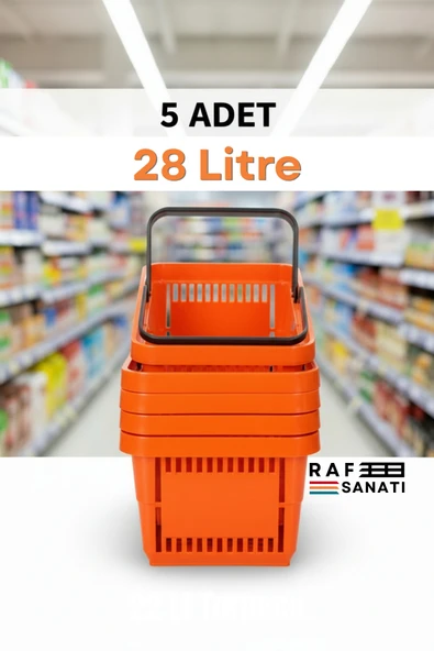 5 Adet - 28 Litre Plastik Market Alışveriş Sepeti Saplı Dayanıklı Market Mağaza El Sepeti Turuncu ürün görseli 1