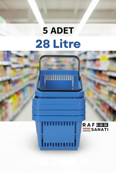 5 Adet - 28 Litre Plastik Market Alışveriş Sepeti Saplı Dayanıklı Market Mağaza El Sepeti Mavi ürün görseli 1