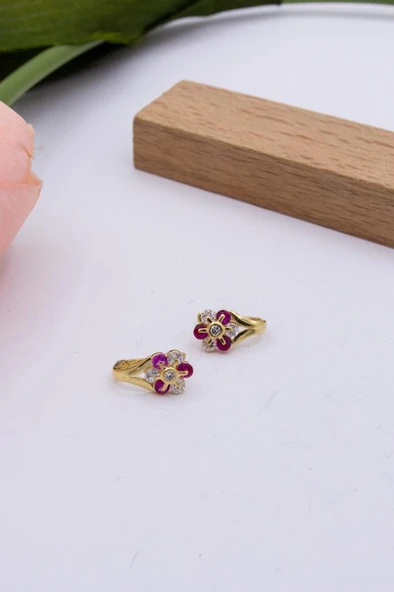 14 Ayar Altın Küpe Kırmızı Taşlı Çiçekli Çocuk Küpe ürün görseli 1