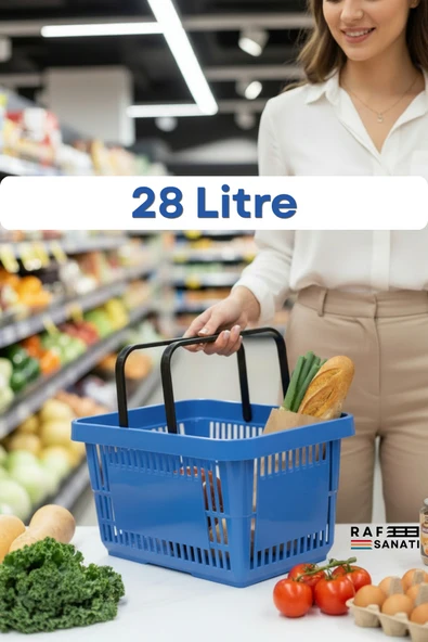 28 Litre Plastik Market Alışveriş Sepeti Saplı Dayanıklı Market Mağaza El Sepeti Mavi ürün görseli 1
