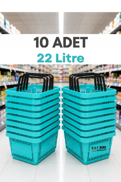 10 ADET / 22 Litre Plastik Market Alışveriş Sepeti Profesyonel Market Mağaza El Sepeti Turkuaz ürün görseli 1