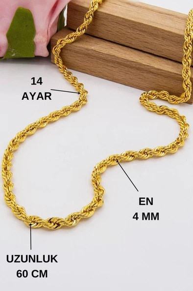 14 Ayar Altın Zincir 4 mm Halat Zincir 60 cm Uzunluk Kadın Kolye LKZNC1051 ürün görseli 1