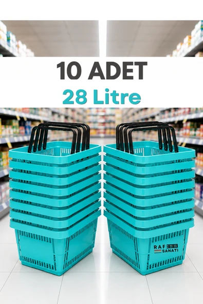 10 Adet - 28 Litre Plastik Market Alışveriş Sepeti Saplı Dayanıklı Market Mağaza El Sepeti Turkuaz ürün görseli 1