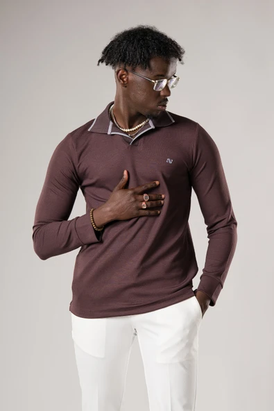 Slimfit Düğmesiz V Polo Yaka Likralı Uzun Kol Mevsimlik Sweatshirt ürün görseli 1