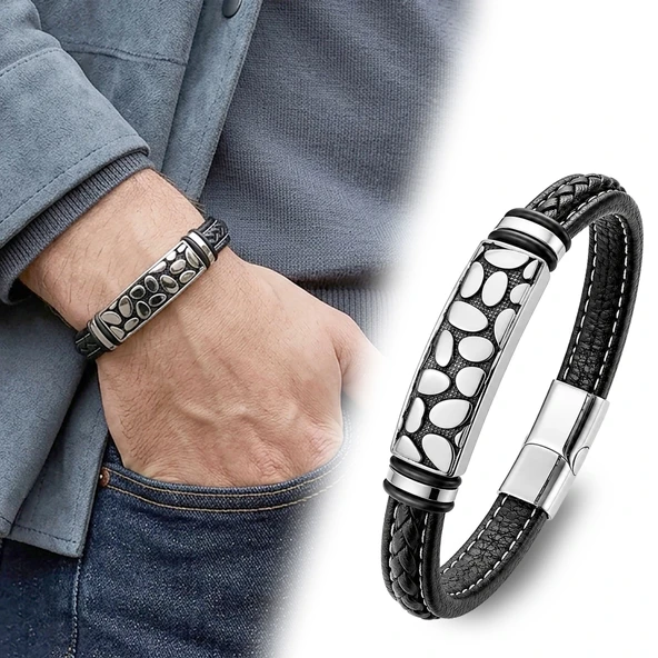 ? Premium River Stone Motifli Çelik Kilitli Siyah Deri Erkek Bileklik. 31831B8D4 ürün görseli 1