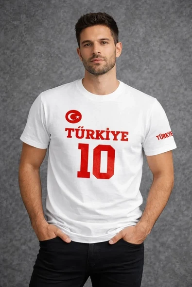 Erkek Türkiye Ay Yıldız Baskılı 10 Numara Forma Tişört Taraftar T-shirt - Beyaz ürün görseli 1