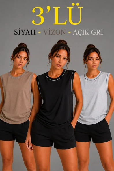 Kadın 3’lü Kolsuz Sporcu Atlet Seti Yazlık Bisiklet Yaka - Siyah, Kahverengi, Gri ürün görseli 1