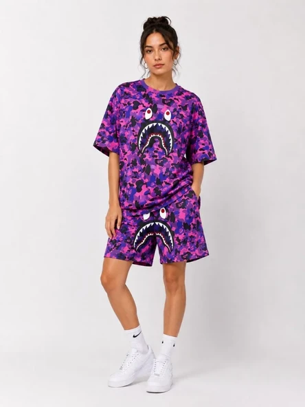 Kadın Oversize Kalıp Pubg Bape X Shark Nakışlı Cepli Şort Takım - Mor ürün görseli 1
