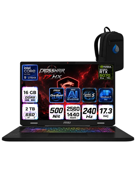 Msı Crosshaır 17 Hx Aı Intel Core Ultra 9-275HX Aı 16 GB 2 TB SSD 8GB/RTX5070 Gddr7 115W 17'' 2.5k (2560 x 1600, Wqxga) 240Hz Windows 11 Pro Taşınabilir Bilgisayar D2XWGKG-017TRRNP03 ürün görseli 1