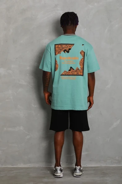 Erkek Baskılı Tişort Kısa Kol Bisiklet Yaka Ovarsize T-shirt -  Mint Yeşili ürün görseli 1
