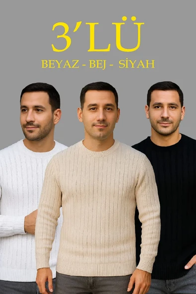 Erkek Fitilli Triko Kazak 3’lü Set Bej Beyaz Siyah | Kalın Dokuma Pamuklu Regular Fit ürün görseli 1