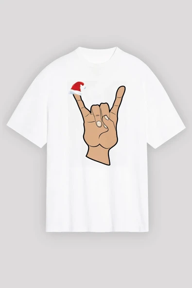 Yılbaşı Noel Başlıklı Serçe Parmak Baskılı Oversize Bisiklet Yaka T-shirt - Beyaz ürün görseli 1