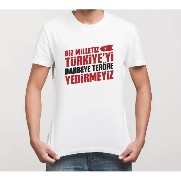 15 Temmuz Demokrasi Milli Birlik Yedirmeyiz Baskılı Bisiklet Yaka T-shirt - Beyaz ürün görseli 1