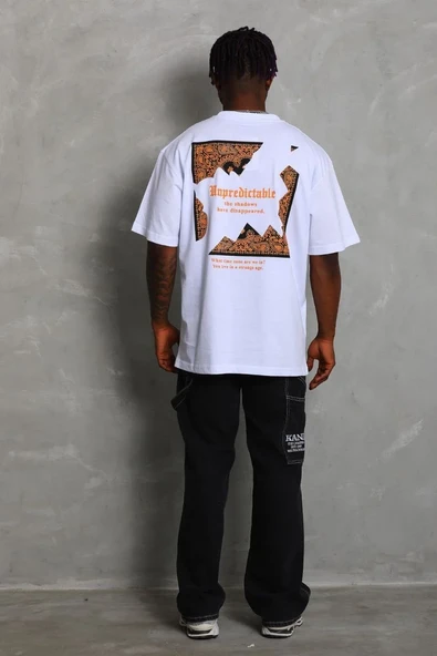 Erkek Baskılı Tişort Kısa Kol Bisiklet Yaka Ovarsize T-shirt -  Beyaz ürün görseli 1