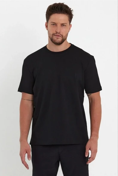 Erkek Düz T-shirt Kısa Kol Bisiklet Yaka Regular Fit Rahat Kalıp Günlük Tişört - Siyah ürün görseli 1