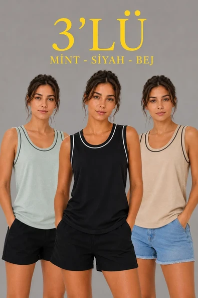 Kadın 3’lü Kolsuz Sporcu Atlet Seti Yazlık Bisiklet Yakalı - Mint Yeşili, Siyah, Bej ürün görseli 1