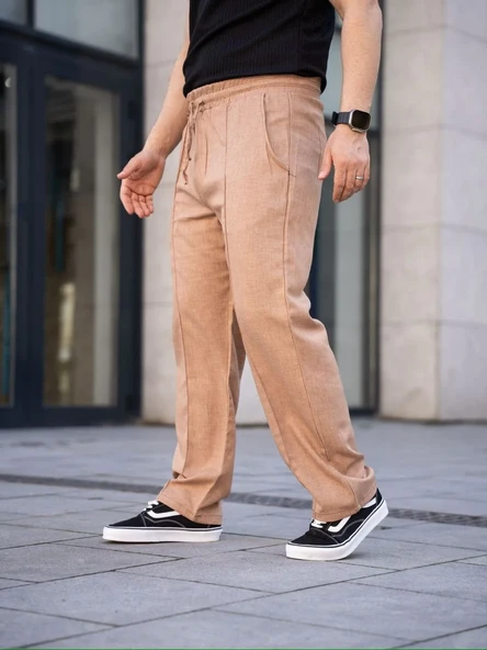 Erkek Keten Cepli Çıma Dikişli Jogger Buggy Pantalon Rahat Kalıp - Kahverengi ürün görseli 1