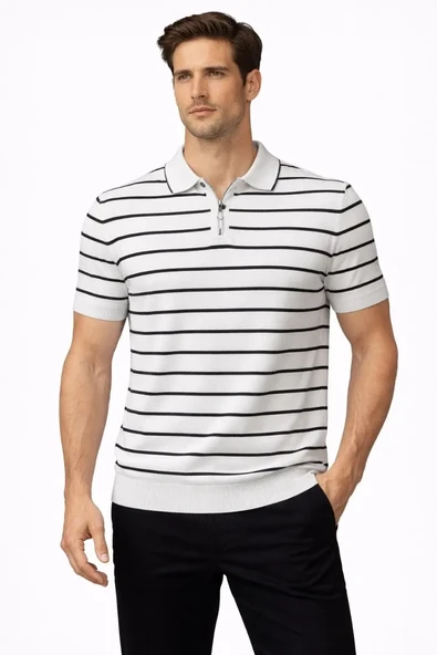 Erkek Triko Polo Yaka Fermuarlı Çizgili Tişört T-shirt Yazlık Şık - Beyaz ürün görseli 1