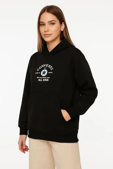 Kadın Kapüşonlu Kanguru Cepli Sweatshirt 3 İplik Pamuklu Baskılı Hoodie - Siyah ürün görseli 1
