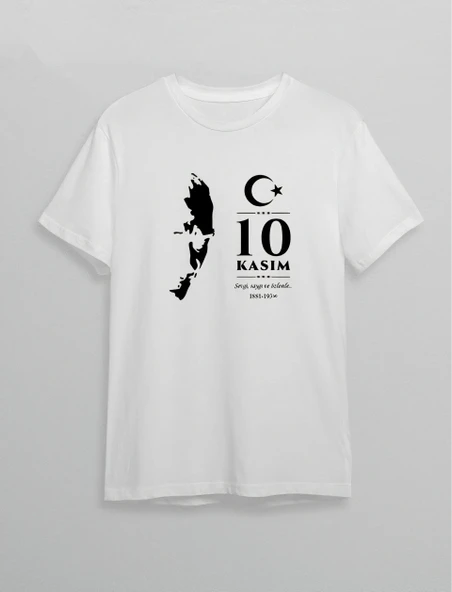 10 Kasım Atatürk Anma Günü Silüet Baskılı Oversize Bisiklet Yaka T-shirt - Beyaz ürün görseli 1
