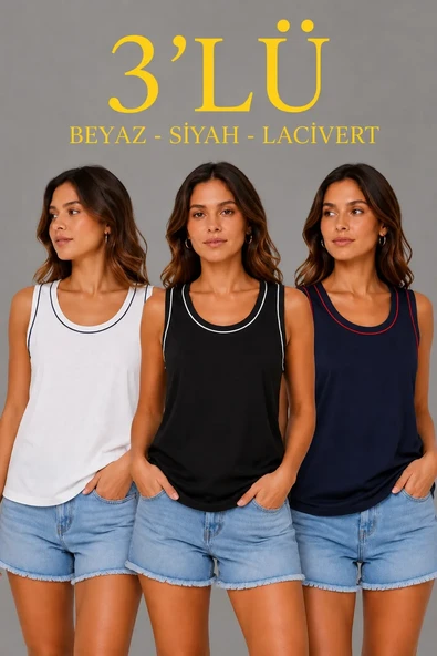 Kadın 3’lü Kolsuz Sporcu Atlet Seti Yazlık Bisiklet Yakalı - Siyah, Lacivert, Beyaz ürün görseli 1