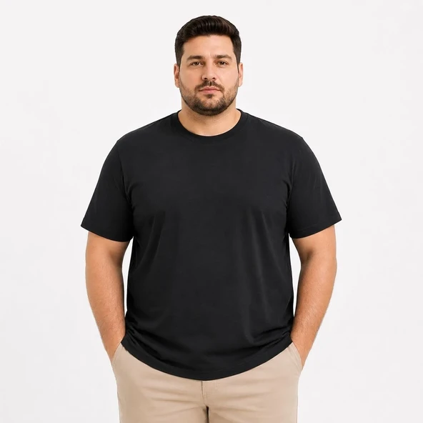 Erkek Battal Big Size Basic Tişört Bisiklet Yaka Rahat Kalıp T-shirt - Siyah ürün görseli 1