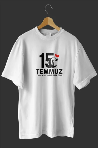 15 Temmuz Demokrasi Ve Milli Birlik Günü Baskılı Oversize Bisiklet Yaka T-shirt - Beyaz ürün görseli 1