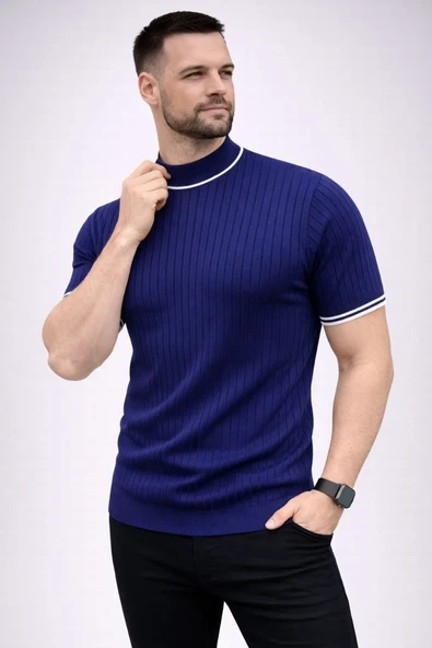 Erkek Fitilli Triko Dokuma Kısa Kol Tişört Yarım Boğaz Modern Yazlık T-shirt - Lacivert ürün görseli 1